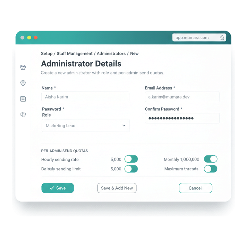 Mumara Administrator Details form — name, email address, password, confirm password, role fields, plus per-admin send-quota toggles for hourly rate, daily limit, monthly limit, and maximum threads