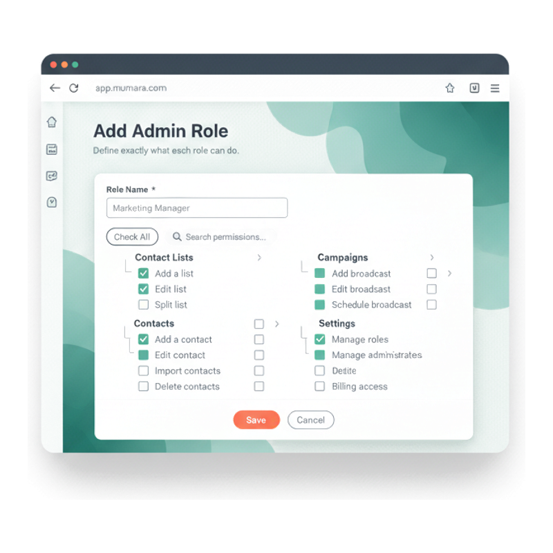 Mumara Add Admin Role page — Role Name input, search permissions box, hierarchical checkbox tree across Contact Lists / Contacts / Campaigns / Settings sections